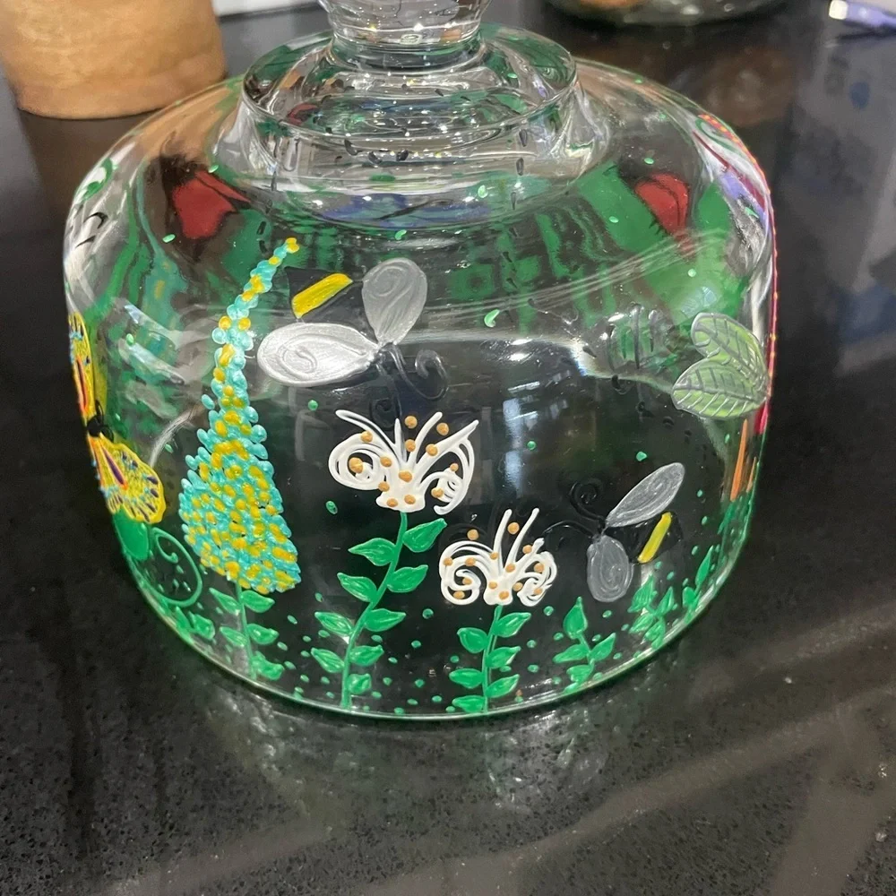 Hand-Painted Glass Cloche with Butterfly and Ladybug Accents